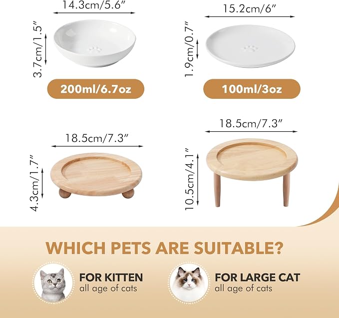 Havniva Elevated Cat Bowls, Raised Ceramic Cat Bowl with Stand, Two Heights | Cat Food & Water Bowl Set, Whisker Friendly, 5.6” Raised Cat Dishes + 6” Shallow Cat Plates, Non-slip Wood Stand, Kitten Bowl - Image 2