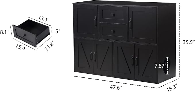 Forest Gravity Large Dog-Proof Double Cat Litter Box Enclosure with Storage for 2 Cats,Cat Washroom Cabinet with 2 Drawers,47.6'' Modern Dual Litter Box Furniture Cabinet with Compartments,Black - Image 5