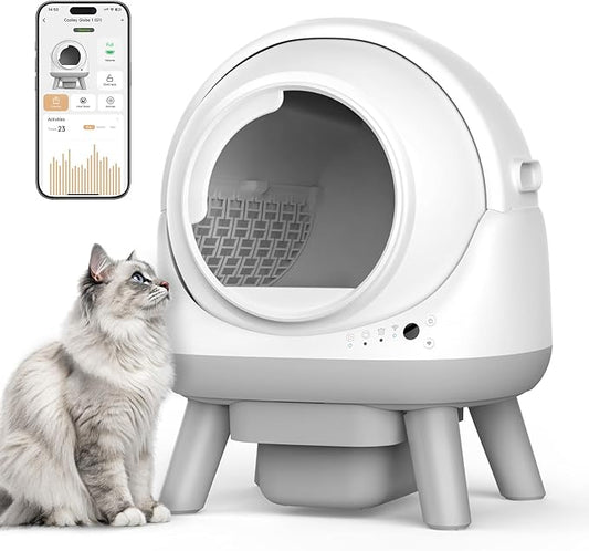 Self Cleaning Litter Box for Multiple Cats, G1 Automatic Litter Box with Smart APP Control & Health Monitoring, Includes 2 Roll Trash Bags and Litter Mat (White-Grey) by Coziley