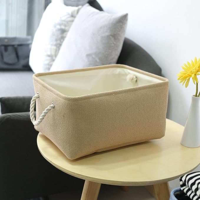 TheWarmHome Decorative Basket Rectangular Fabric Storage Bin Organizer Basket with Handles for Clothes Storage (Beige, Medium-1Pack,13.8L*9.8W*6.7H) - Image 3