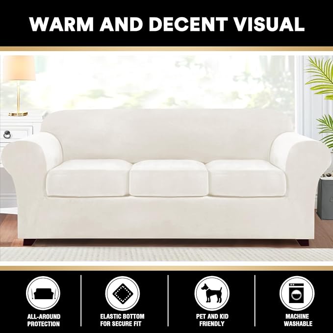 PrinceDeco Velvet Couch Covers for Sofa Soft 4 Pieces Couch Covers for 3 Cushion Couch Sofa Pet Friendly Furniture Protector with Non Slip Elastic Bottom Width Up to 90 Inch (Large, Porcelain) - Image 3