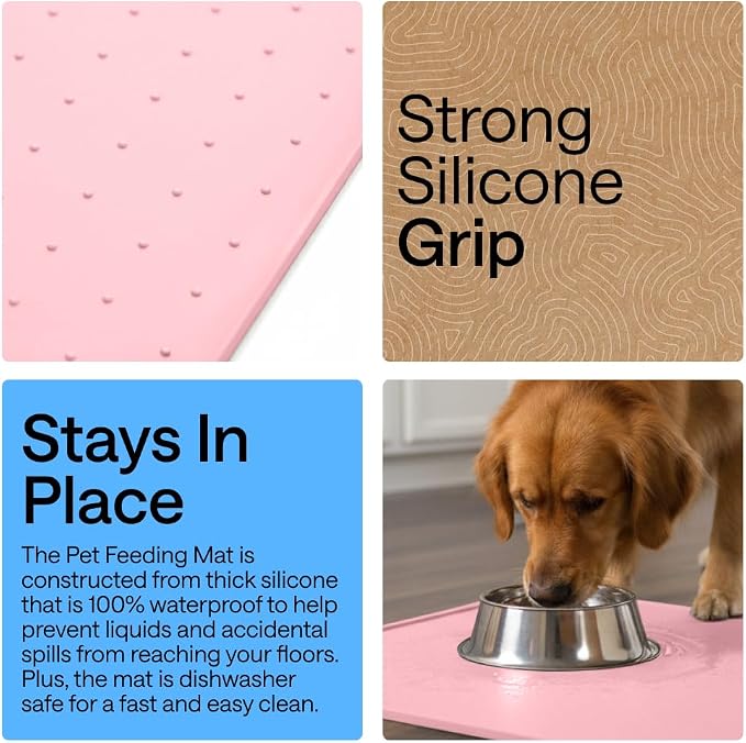 GORILLA GRIP 100% Waterproof Raised Edge BPA Free Silicone Pet Feeding Mat, Dog Cat Food Mats Contain Spills Protects Floors, Placemats for Cats and Dogs Water Bowl, Pets Accessories 23x15 Pink - Image 3