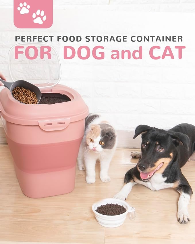 30-35Lbs Airtight Dog Food Storage Container,Collapsible Dog Food Container | Large Pet Food Storage Container with Double Airtight Seal & Magnetic Lid,Dog Food Bin with Wheels,2Pcs Containers,Scoop,Pink - Image 2