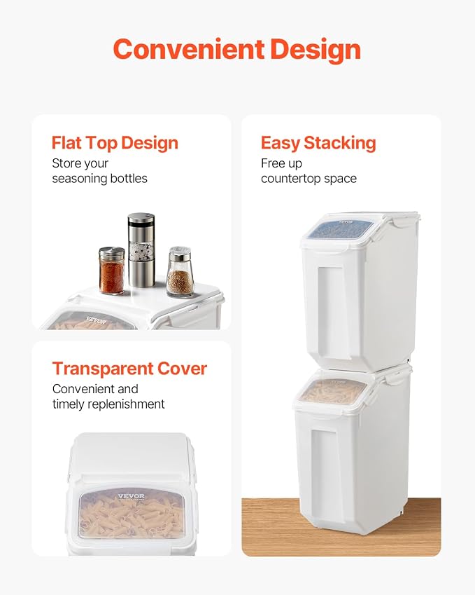 VEVOR Rice Storage Container, 4.5Gallon/20L x2 Capacity Large Dog Food Dispenser Bin, Kitchen Ingredient Grain Cereal Flour Bin, Pet food Containers with Wheels, 2 Measuring Cups, Airtight Lid, 2 Pack - Image 7