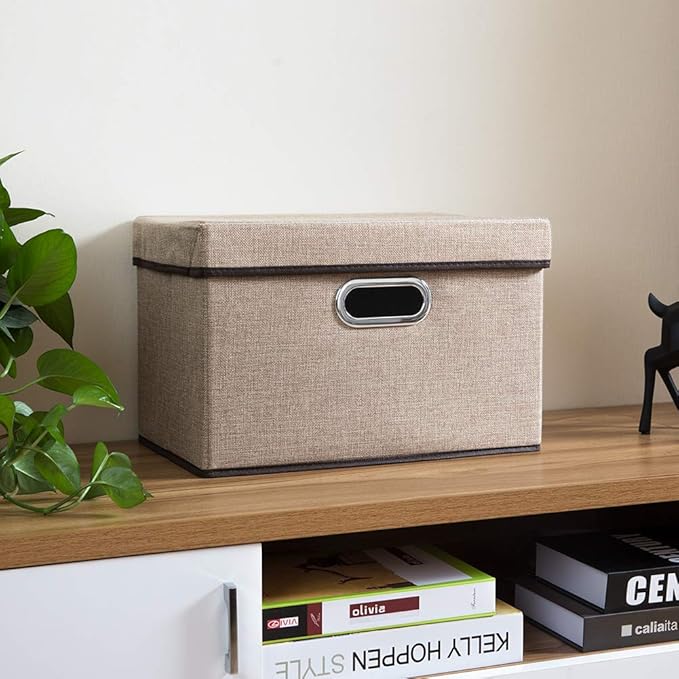 PRANDOM Collapsible Storage Containers with Lids [5-Pack] Jute Fabric Foldable Storage Bins Boxes Organizer Baskets Cube with Cover for Home Bedroom Closet Office Nursery (14.9x9.8x9.8) - Image 4