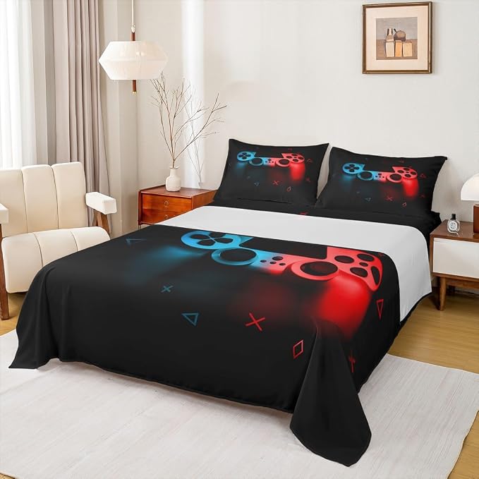 Gaming Bedding Sets for Boys Gamer Sheet Set Full,Blue Red Gamepad Bed Sheet Sets Kid Men Video Games Fitted Sheet for Teen Child Game Room Decor Black Classic Retro Gaming Flat Sheet with Pillowcase by Erosebridal