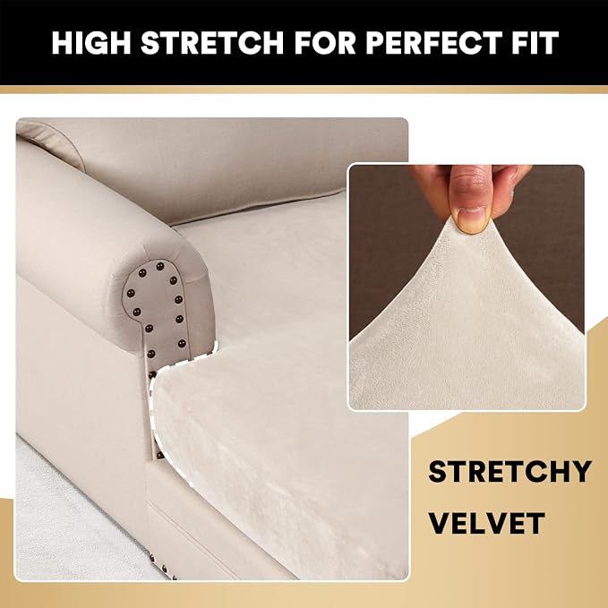 PrinceDeco Sectional Couch Covers Velvet Couch Cover for Dogs Washable L Shaped Couch Cover 1 Piece Individual Sectional Couch Covers with Elastic Bottom(Chaise Lounge,Ivory) - Image 5
