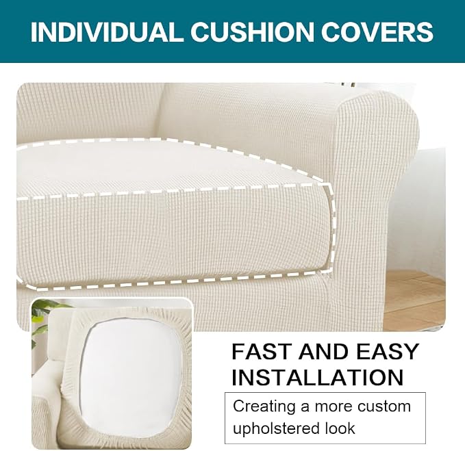 Turquoize 2 Piece Chair Covers Armchair Slipcovers for Living Room Armchair Sofa Cover with Individual Cushion Covers Feature Jacquard Fabric (Chair, Cream) - Image 5