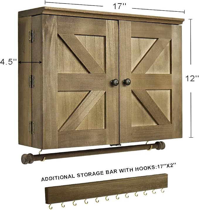 GLANT Rustic Wall Mounted Jewelry Organizer with Wooden Barndoor Decor， Wall Mount Holder,Jewelry holder for Necklaces, Earings, Bracelets，Ring Holder. Includes matching hook organizer (wood color) - Image 3