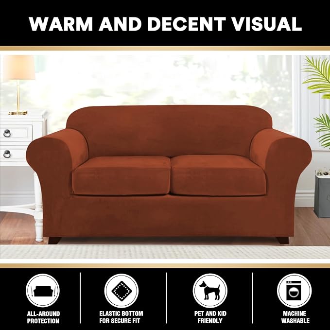 PrinceDeco Velvet Couch Cover Loveseat Covers for 2 Cushion Couch 3 Piece Sofa Covers for Dogs Washable Loveseat Covers Width Up to 72 Inch No Slip Stretch Sofa Slipcover(Medium, Rust) - Image 6