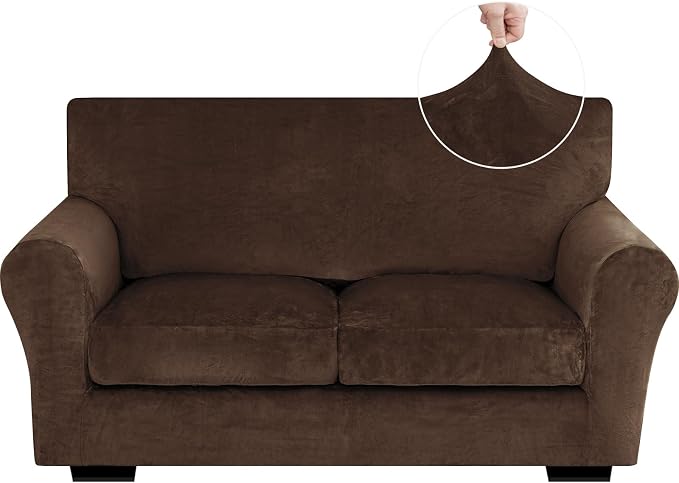 XINEAGE 3-Piece Velvet Loveseat Sofa Cover,Couch Covers for Dog,Dark Coffee | 2 Cushion Loveseat,Stretch Non-slip Elastic, Pet-friendly, Washable, Fast Setup, Soft Plush Fabric, Furniture Protector. by XINEAGE