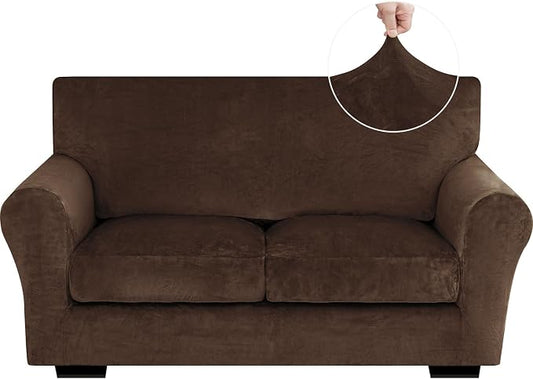 XINEAGE 3-Piece Velvet Loveseat Sofa Cover,Couch Covers for Dog,Dark Coffee | 2 Cushion Loveseat,Stretch Non-slip Elastic, Pet-friendly, Washable, Fast Setup, Soft Plush Fabric, Furniture Protector. by XINEAGE
