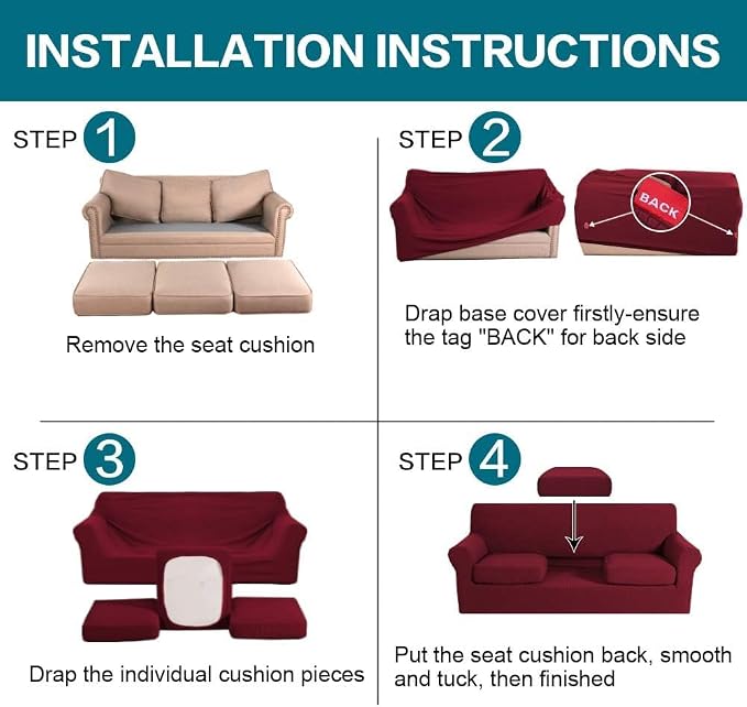 Turquoize 4 Piece Sofa Covers for 3 Cushion Couch Sofa Slipcover Soft Couch Cover for Dogs Washable Furniture Cover with 3 Individual Large Cushion Covers Feature Fabric (Large Sofa, Burgundy) - Image 6