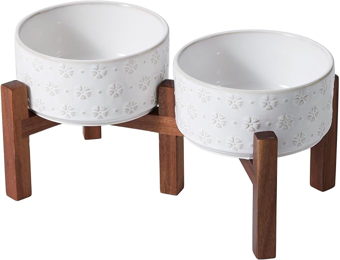 Havniva Elevated Dog Bowls, Ceramic Raised Dog Bowl with Stand | 6.1” Dog Food Bowls Elevated, Dog Food and Water Bowl Set, Non-Slip Acacia Wood Stand, Small Dogs Bowl, 3.4 Cups 27 oz by Havniva