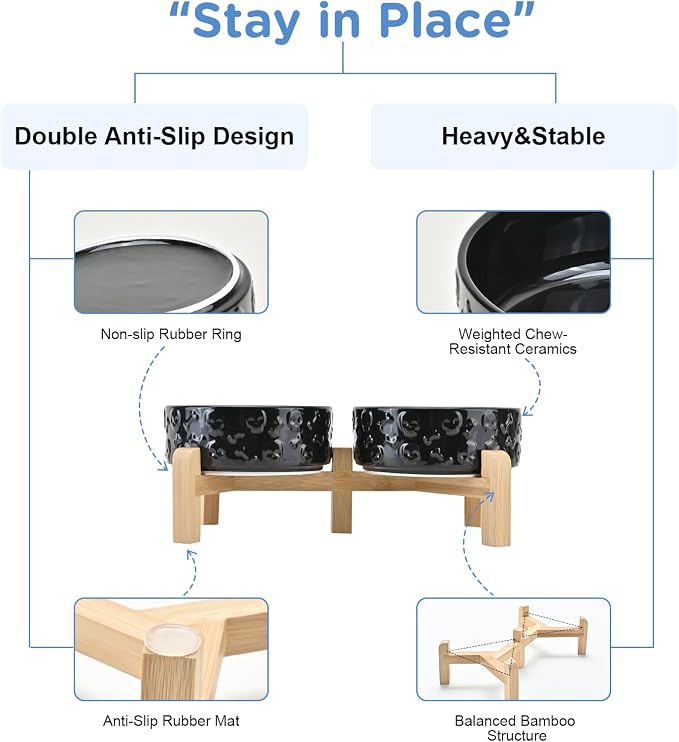 SPUNKYJUNKY Elevated Dog Bowls Ceramic, 5.1'' Dogs and Cat Food Water Bowls Raised with Non-Slip Bamboo Stand for Puppy Small Sized Breed Microwave Dishwasher Safe - 13.5 OZ,Skull Black - Image 4