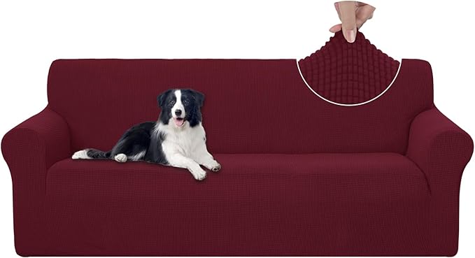 U-NICE HOME Stretch Couch Cover Slipcover for 3 Cushion Sofa, Burgundy | 1-Piece Sofa cover, Washable, Pet friendly, Furniture protector, Polyester Spandex Jacquard fabric by U-NICEHOME