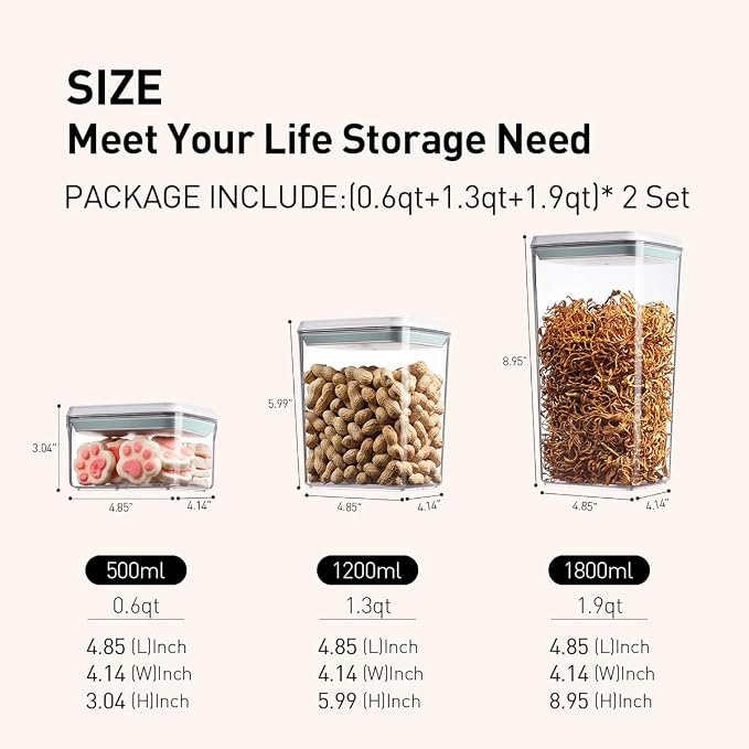 Pop Food Storage Containers Set, 6Pcs Airtight Containers with Lids for Kitchen Pantry Organizers and Storage,One Button Opening BPA-Free Food Containers for Cereal Flour Sugar(0.6, 1.3, 1.9Qt)*2 - Image 5