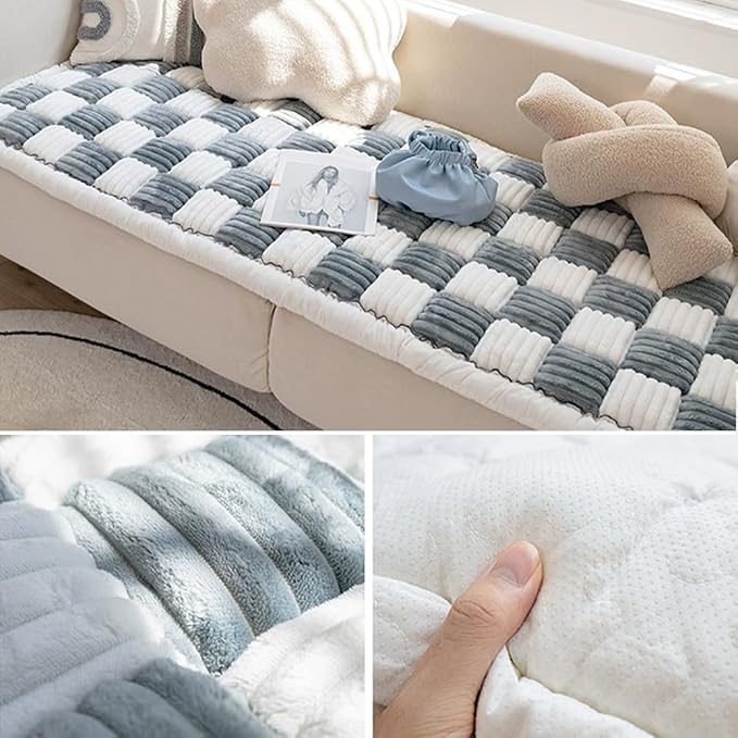 Fluffy Cream-Coloured Fuzzy Plaid Couch Cover for Pets - Large Square Pet Mat Bed & Sofa Pad - Blue, 27.6 * 59in - Image 3