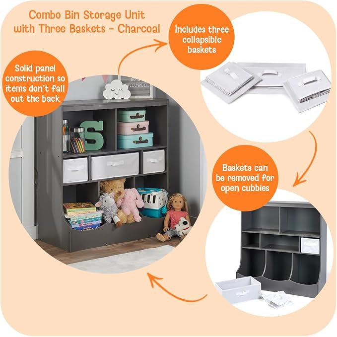 Badger Basket Combo Toy Storage Organizer and Bookshelf - Kids Storage Unit with 3 Removable Baskets, Open Shelves, Top Display Surface - Charcoal - Image 2