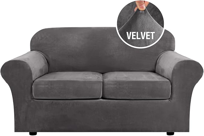 H.VERSAILTEX Real Velvet Plush 3 Piece Stretch Sofa Covers Couch Covers for 2 Cushion Couch Loveseat Covers Width Up to 72 Inch Feature Thick Soft Stay in Place (Medium Sofa, Grey) by HVERSAILTEX