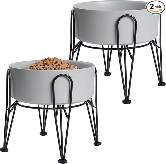 Elevated Dog Bowls, Ceramic Raised Dog Bowl Set with Anti-Slip and Non-Tip Metal Stand, 2 Pack Pet Food and Water Feeding Bowls for Small and Medium Dogs (Gray,7.6 Cups) by Kitwinney