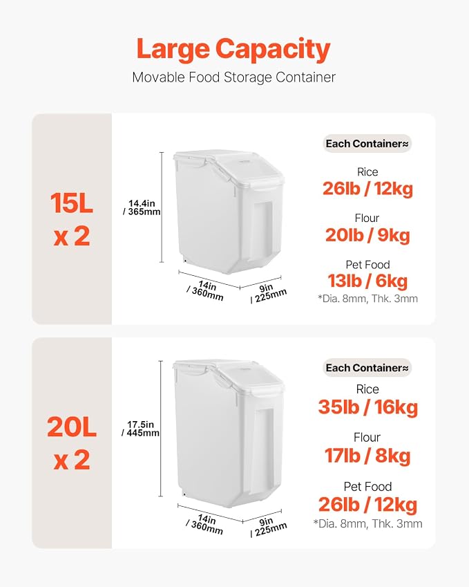 VEVOR Rice Storage Container, 3.5Gal/15Lx2 + 4.5Gal/20Lx2 Large Dog Food Dispenser Bin, Kitchen Ingredient Grain Cereal Bin, Pet food Containers with Wheels, 4 Measuring Cups, Airtight Lid, 4 Pack - Image 2