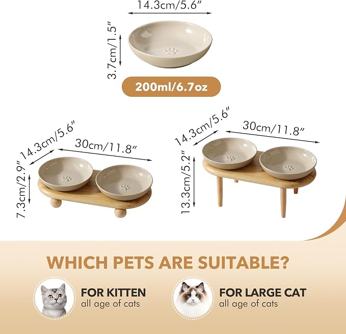 Havniva Elevated Cat Bowls, Raised Ceramic Cat Bowl with Stand, Two Heights | Cat Food & Water Bowl Set, Whisker Friendly, 5.6” Raised Cat Dishes, Shallow Cat Plate, Non-slip Wood Stand, Kitten Food Bowl - Image 2