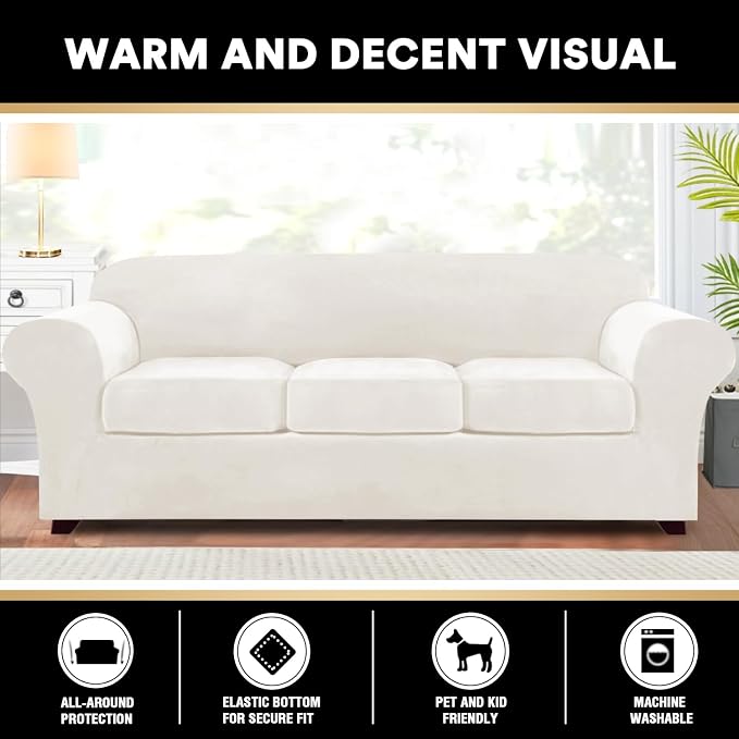 PrinceDeco Velvet XL Couch Cover for Oversized Sofa 4 Piece Sofa Covers for 3 Cushion Couch Washable Furniture Protector with Non Slip Elastic Bottom Width Up to 105 Inch(X-Large, Porcelain) - Image 3
