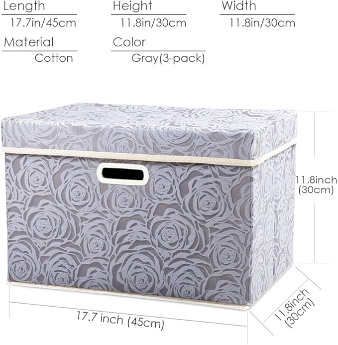 PRANDOM Large Storage Boxes with Lids [3-Pack] Fabric Decorative Storage Bins Cubes Organizer Containers Baskets with Handles for Closet Grey 17.7x11.8x11.8 In For 6+ Year Old Boys and Girls - Image 5