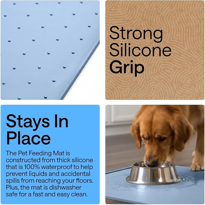 GORILLA GRIP 100% Waterproof Raised Edge BPA Free Silicone Pet Feeding Mat, Dog Cat Food Mats Contain Spills Protects Floors, Placemats for Cats and Dogs Water Bowl, Pets Accessories 26x17 Blue - Image 3