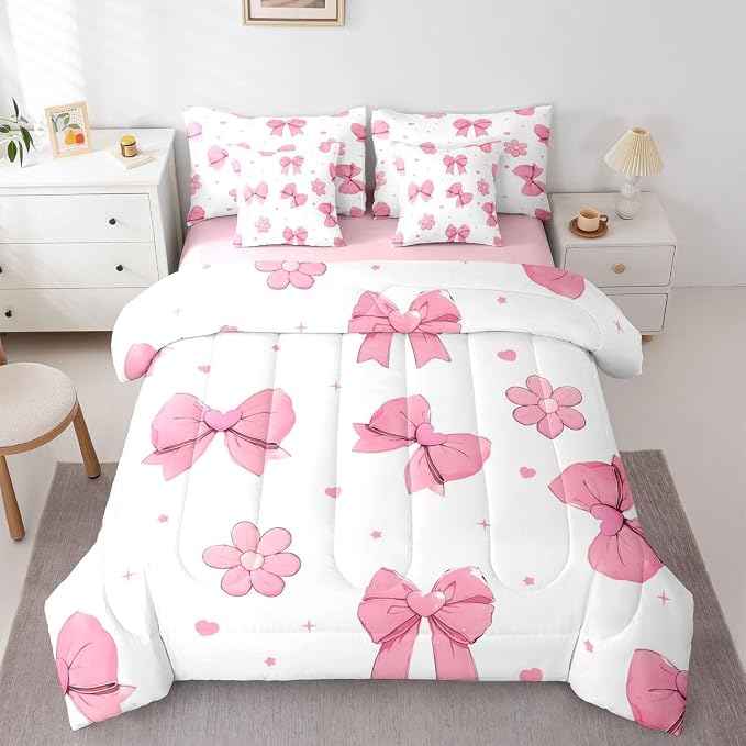 Erosebridal Pink Bows Full 7 Piece Comforter Set for Girls Bedroom Bowknot Bedding Set Bed in A Bag Dreamy Coquette Bow Bed Set Girly Ribbon Heart Flowers Quilt Comforter with Sheets by Erosebridal