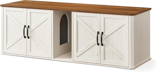 Feandrea Double Cat Litter Box Enclosure, Modern Litter Box Furniture Hidden for 2 Cats, Front Entry, Cat House, Side End Table, TV Stand, 59 x 19 x 19.5 Inches, Honey Brown, Rustic White UPCL010K01 by FeandreabySONGMICSHOME