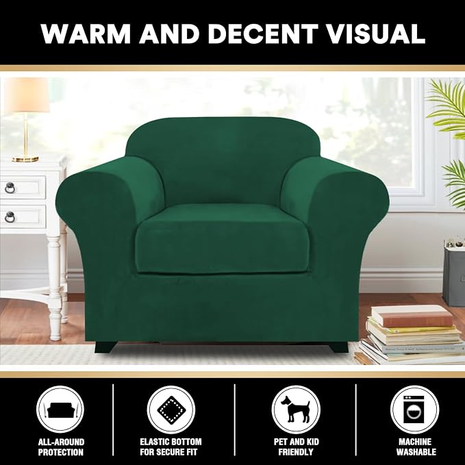 PrinceDeco 2 Piece Chair Cover Velvet Chair Slipcovers Soft Armchair Cover Furniture Protector with Arms Width Up to 49 Inch Chair Sofa Cover with Individual Cushion Covers(Small, Green) - Image 6