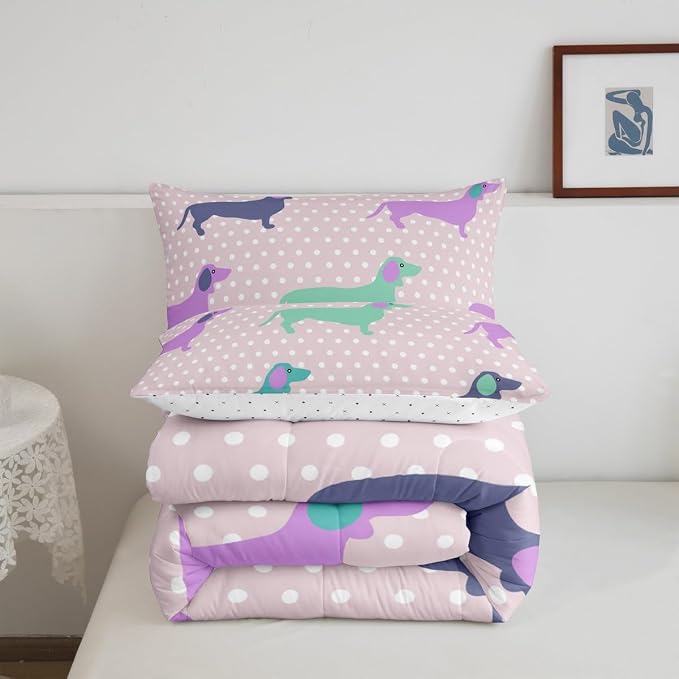 Feelyou Dog Printed Comforter Dachshund Decor Bedding Bed Set for Kids Boys Girls Abstract Pet Puppies Comforter Set Polka Dots Dog Pink Quilt Collection 3Pcs King Size Boys - Image 3