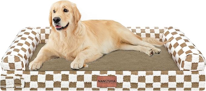 NANUYA Orthopedic Dog Bed for Large Dogs, 36 x 27 Inch, Brown Grid | Egg crate foam for joint support, 3-sided bolster pet sofa, waterproof lining, washable cover, and non-skid base by Nanuya