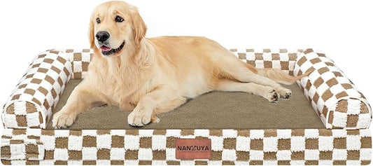 NANUYA Orthopedic Dog Bed for Large Dogs, 36 x 27 Inch, Brown Grid | Egg crate foam for joint support, 3-sided bolster pet sofa, waterproof lining, washable cover, and non-skid base by Nanuya