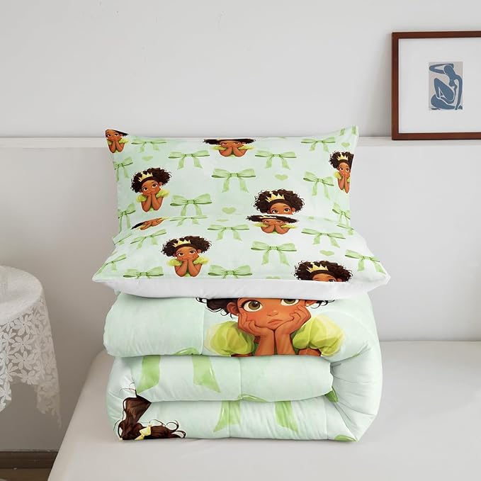 Manfei Cute Princess Comforter Set Full Size,Green Bowknot Marble Paint Bedding Set 3 Pcs for Teens Young,Fairy Tale Black Skin Girl Frog Crown Down Comforter,Green Duvet Insert,2 Pillowcases - Image 5