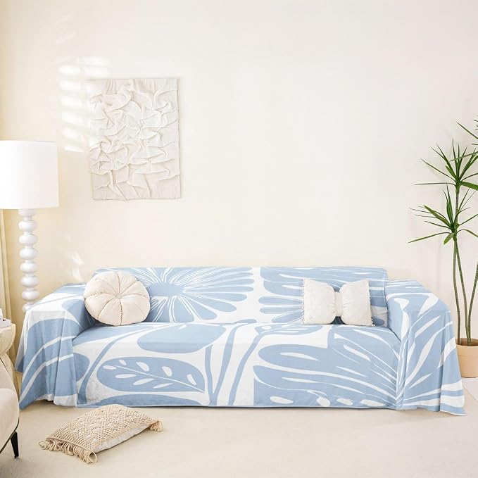 Erosebridal Light Blue Flower Couch Cover Retro Aesthetic Floral Sofa Cover Minimalist Vintage Art Sofa Protector 71" X 102" 70S Modern Abstract Washable Non Slip Couch Protector for Pets, Kids, Dog by Erosebridal
