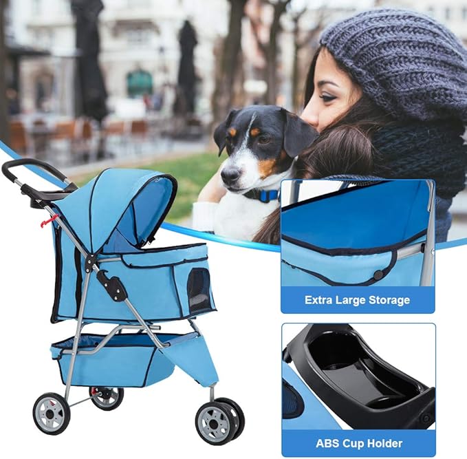BestPet | 3-Wheel Pet Stroller | Dog and Cat Stroller | Breathable Mesh | Lightweight Travel Carrier | Waterproof & Foldable Design | Storage Basket | Black | for Daily Walks & Outdoor Use