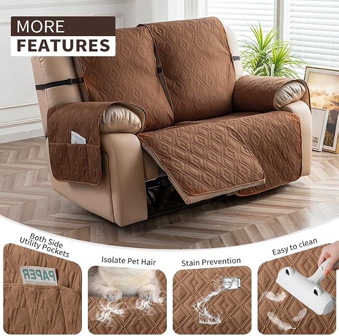 Genina Waterproof Loveseat Recliner Cover Non-Slip, Sofa Cover for Reclining Couch 2 Seat, Washable Couch Cover Loveseat Furniture Protector Cover for Pets Dogs Kids (Brown, Recliner Loveseat) - Image 4