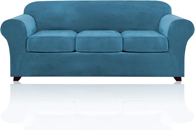 PrinceDeco Velvet Couch Covers for Sofa Soft 4 Pieces Couch Covers for 3 Cushion Couch Sofa Pet Friendly Furniture Protector with Non Slip Elastic Bottom Width Up to 90 Inch (Large, Blue) by PrinceDeco
