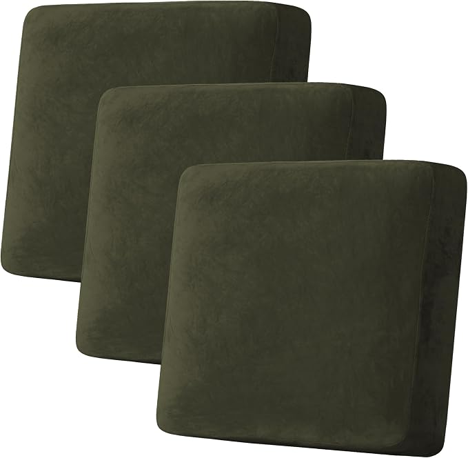 H.VERSAILTEX Velvet Stretch Couch Cushion Cover Plush Cushion Slipcover for Chair Loveseat Sofa Cushion Furniture Protector Seat Cushion Sofa Cover (3 Piece XL Sofa Cushion Covers, Olive) by HVERSAILTEX
