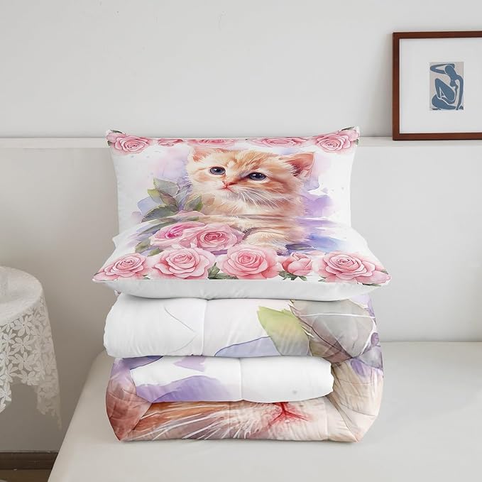 Manfei Kawaii Cat Boys Girls Comforter Set,Floral Pink Rose Blossoms Duvet Set for Room Decor,Kids Cute Animal Kitten Pet Brushed Microfiber Soft Quilt Cover,Full - Image 5