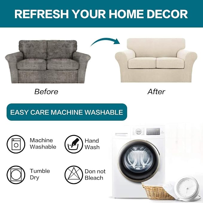 Turquoize 3 Piece Sofa Covers for 2 Cushion Couch Sofa Slipcover Soft Couch Cover for Dogs-Washable Sofa Furniture Covers with 2 Individual Cushion Covers (2 Cushion Sofa,Biscotti Beige) - Image 8