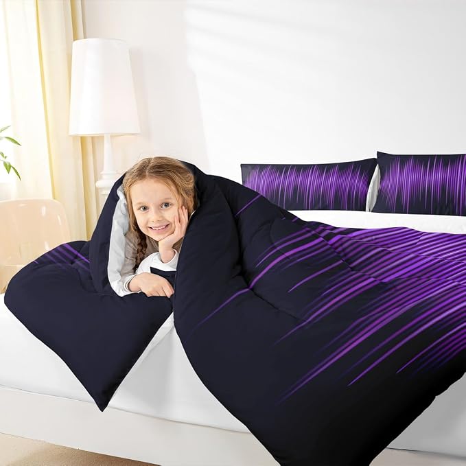Geometric Abstract Stripes Kids Comforter Set Queen Size,Purple Gradient Lines Bedding Set,Boys Girls Adults Bedroom Decor,Modern Stylish Down Comforter,Black Simple Duvet Insert,3pcs,2 Pillowcases - Image 3