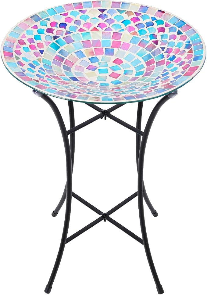 MUMTOP Mosaic Glass Bird Bath with Metal Stand for Garden Feeder Yard Decor | 14 Inch Width 19.68 Inch Height Outdoor Garden Bird Baths Bowl, Unique Glass Birdbaths Bird Feeder for Yard Decor by MUMTOP