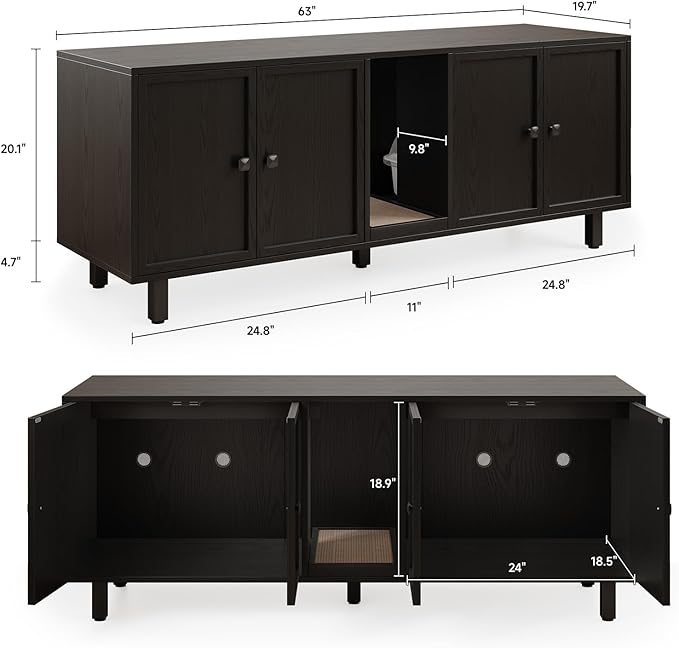 ONBRILL 63 Inches Cat Litter Box Enclosure for 2 Cats, Hidden Litter Boxes Furniture with Cat Scratch Pad, Large Indoor Pet House with Double Room, Wooden TV Stand Side Table, Black - Image 2