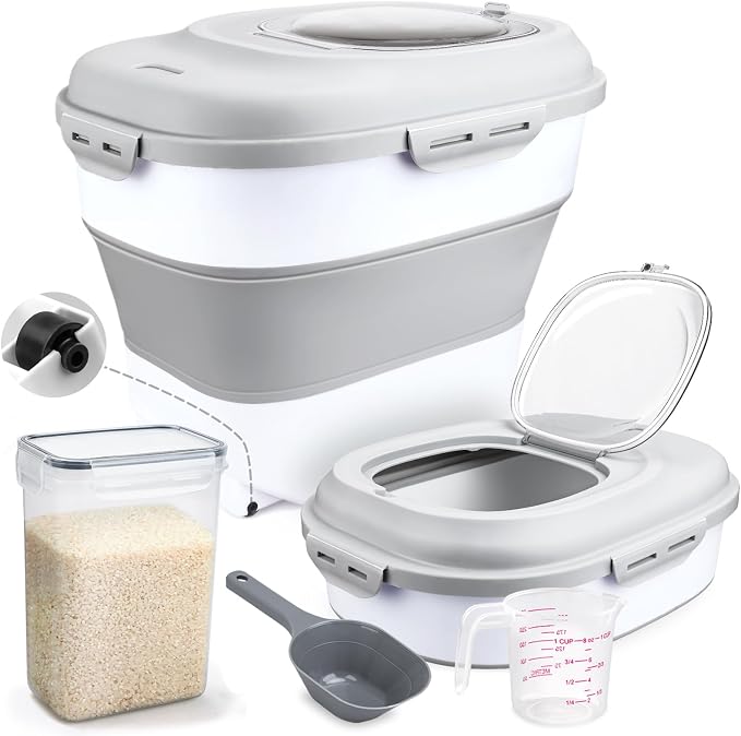Komzon Rice Storage Bin Cereal Containers, 13-50lb Collapsible Rice Container Dispenser with Transparent Lid, Rolling Wheels, Measuring Cup and Scoop, Airtight Dog Cat Pet Food Storage Container White by Komzon