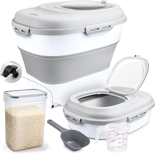 Komzon Rice Storage Bin Cereal Containers, 13-50lb Collapsible Rice Container Dispenser with Transparent Lid, Rolling Wheels, Measuring Cup and Scoop, Airtight Dog Cat Pet Food Storage Container White by Komzon