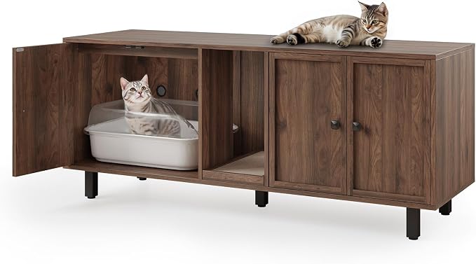 ONBRILL 59 Inches Cat Litter Box Enclosure for 2 Cats, Hidden Litter Boxes Furniture with Cat Scratch Pad, Large Indoor Pet House with Double Room, Wooden TV Stand Side Table, Walnut - Image 9